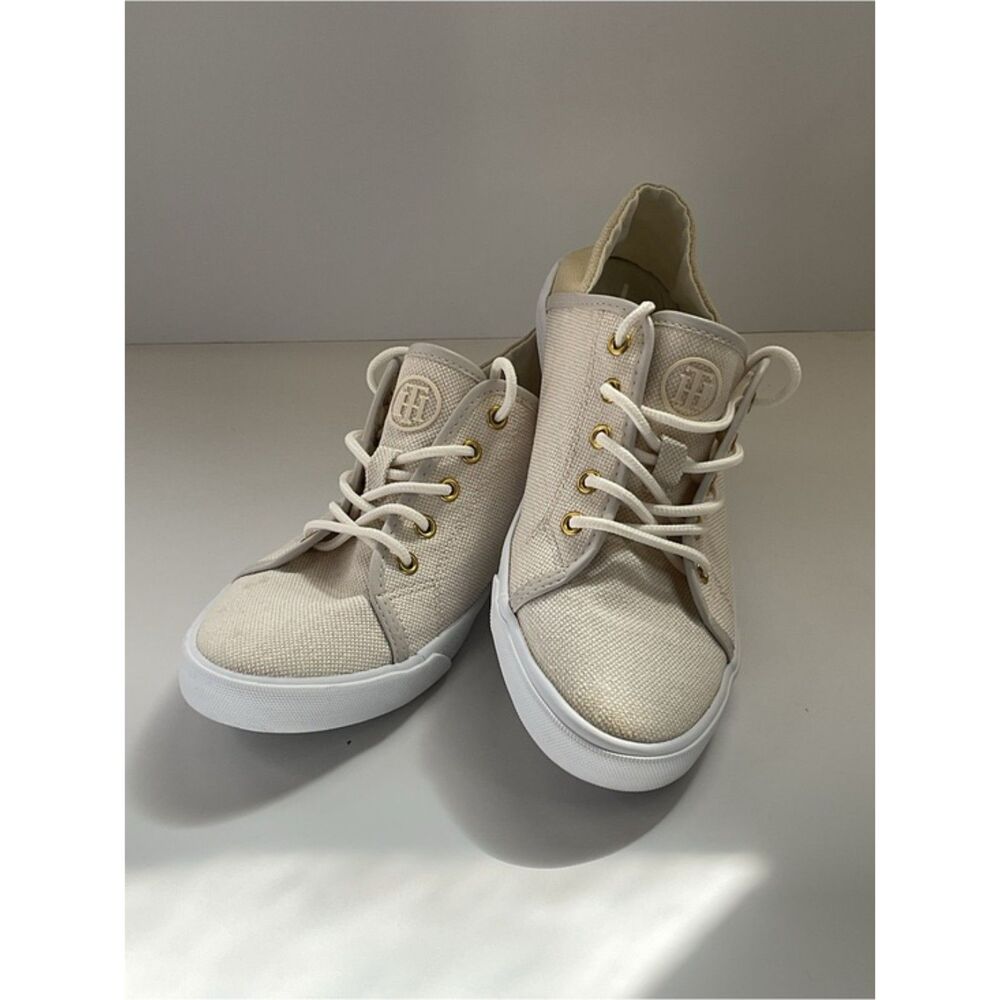 Tommy Hilfiger Flip Sneakers Womens 7.5 M Ivory Beige Canvas Slip On Shoes Low
